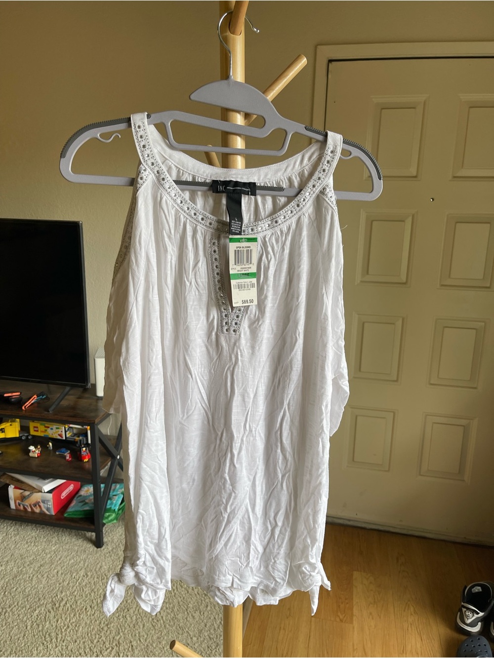 INC International Concepts White Beaded Scoop Neck Tank